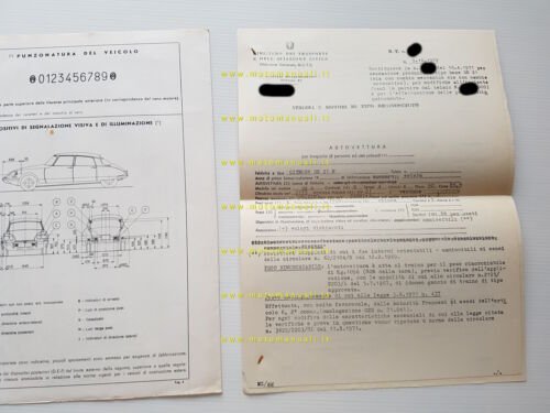 Citroen DS 1971 FACSIMILE scheda riconoscimento tipo Motorizzazione Facsimile