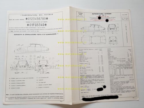 Citroen DS 1972 FACSIMILE scheda riconoscimento tipo Motorizzazione Facsimile