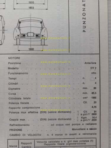Citroen DS 20 1968 scheda riconoscimento tipo Motorizzazione Facsimile
