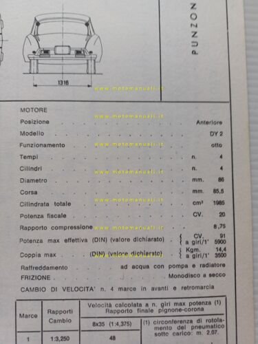 Citroen DS 20 1970 scheda riconoscimento tipo Motorizzazione Facsimile
