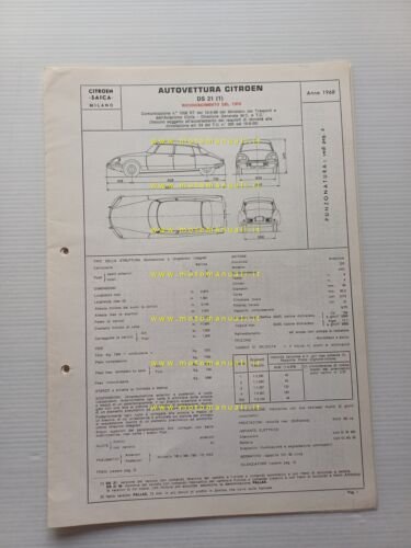 Citroen DS 21 1968 scheda riconoscimento tipo Motorizzazione Facsimile