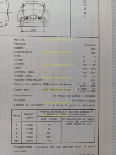 Citroen DS 21 1968 scheda riconoscimento tipo Motorizzazione Facsimile
