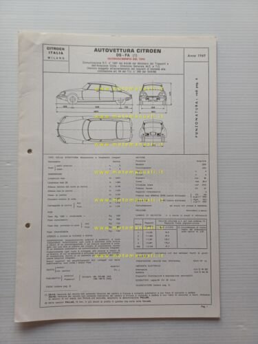 Citroen DS FA 1969 scheda riconoscimento tipo Motorizzazione Facsimile