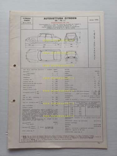 Citroen DS FA 1970 scheda riconoscimento tipo Motorizzazione Facsimile