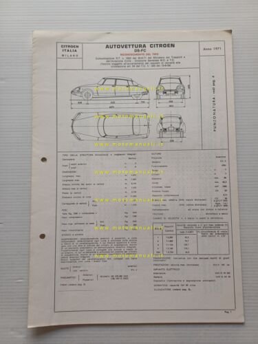 Citroen DS FC 1971 scheda riconoscimento tipo Motorizzazione Facsimile