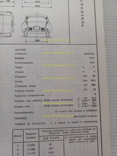 Citroen ID 19 B 1968 scheda riconoscimento tipo Motorizzazione Facsimile