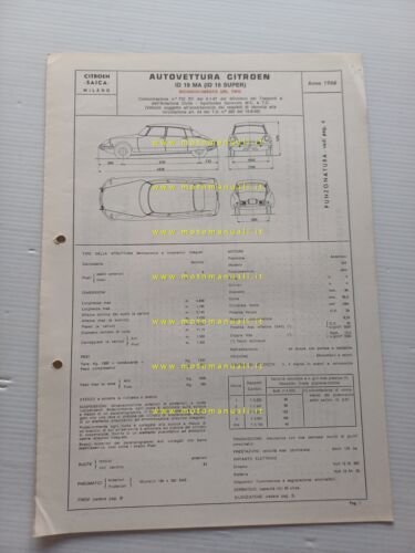 Citroen ID 19 Super 1966 scheda riconoscimento tipo Motorizzazione Facsimile