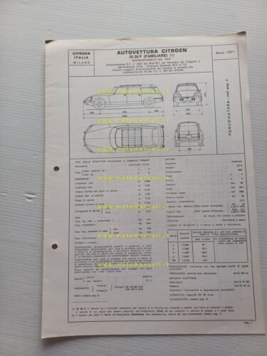 Citroen ID 20 F Familiare 1971 scheda riconoscimento tipo Motorizzazione …