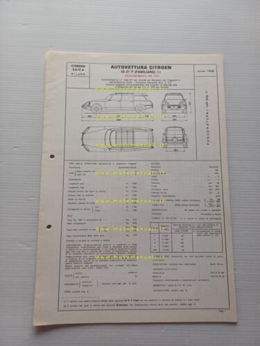 Citroen ID 21 F Familiare 1968 scheda riconoscimento tipo Motorizzazione …