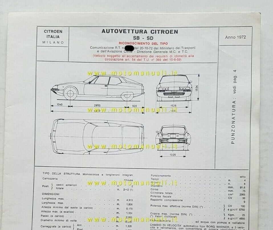 CITROEN SM Maserati SB-SD 1972 scheda riconoscimento tipo Motorizzazione Facsimi