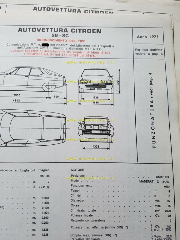 CITROEN SM Maserati SB-SD 1972 scheda riconoscimento tipo Motorizzazione Facsimi
