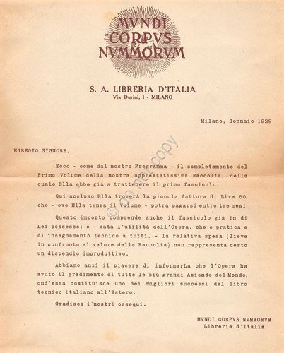 Collezionismo cartaceo Lettera Mundi Corpus Nummorum Libreria Milano 1929 | Immagine Gallery 1