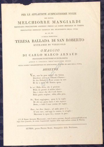 Cuneo primi '800 - Sonetto per le Nozze di Melchiorre …