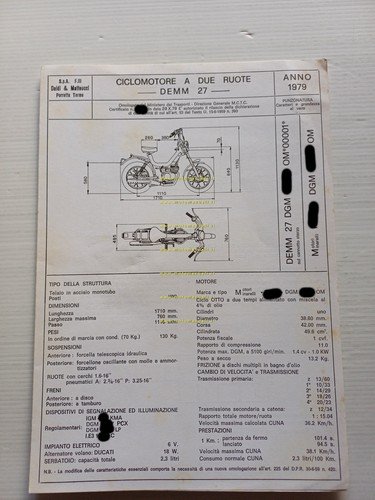 Demm 50 Panther 1979 Facsimile originale scheda omologazione DGM Motorizzaz.