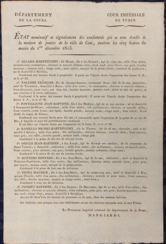 Documento Impero Napoleonico - Nomi e descrizione evasi carcere Cuneo … | Immagine principale