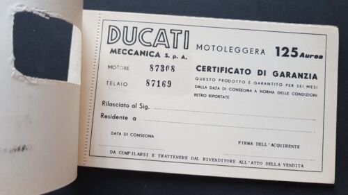 Ducati 125 Aurea libretto tessera garanzia originale no depliant brochure