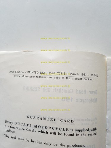 Ducati 350 Sebring 5v 1967 aggiornamento manuale uso originale inglese