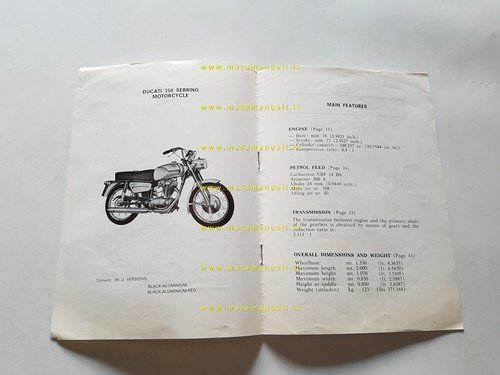 Ducati 350 Sebring 5v 1967 aggiornamento manuale uso originale inglese