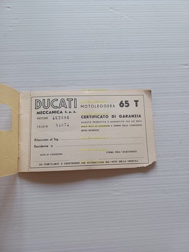 Ducati 65 T tessera libretto garanzia nuovo originale