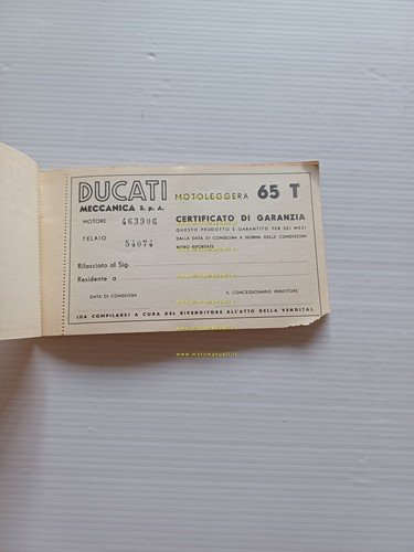 Ducati 65 T tessera libretto garanzia nuovo originale