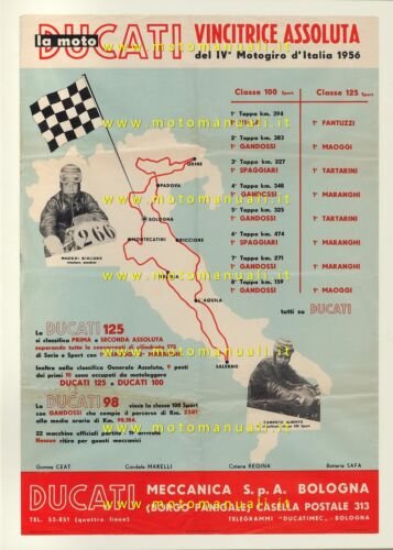 DUCATI 98 - 125 Vittoria Motogiro 1956 RIPRODUZIONE manifesto poster