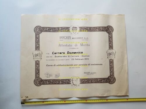 DUCATI attestato 1972 partecipazione corso assistenza originale no depliant