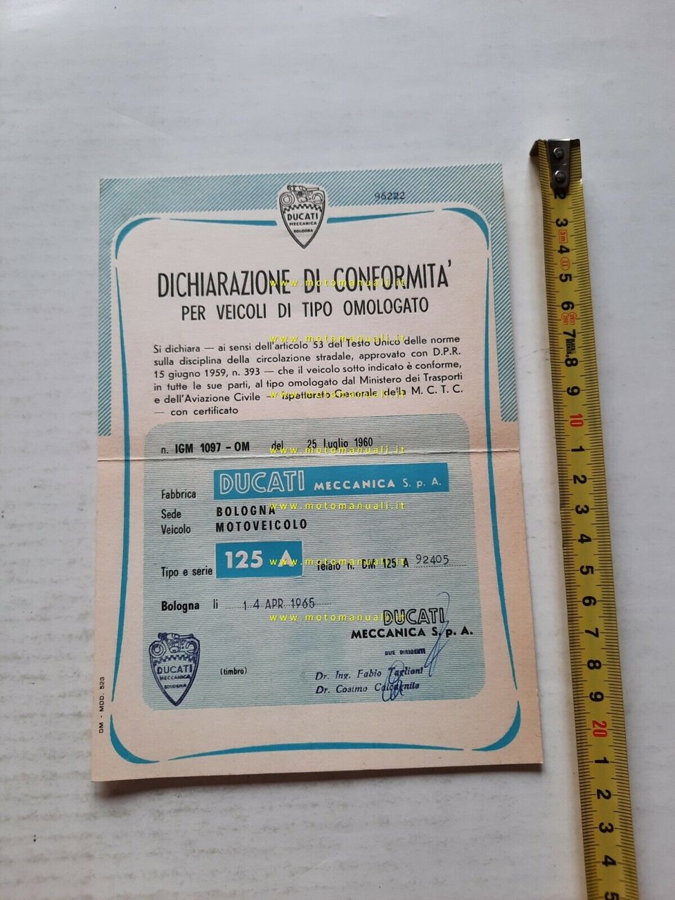 DUCATI Dichiarazione Conformit con Firma Autografa originale Ing. Taglioni 1965
