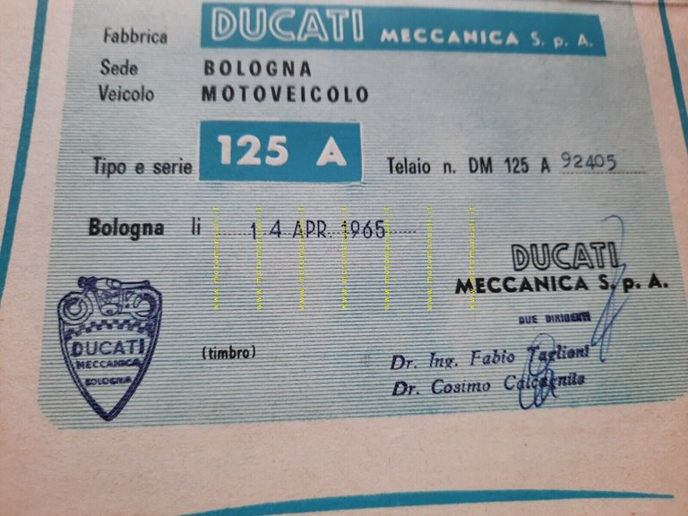 DUCATI Dichiarazione Conformit con Firma Autografa originale Ing. Taglioni 1965