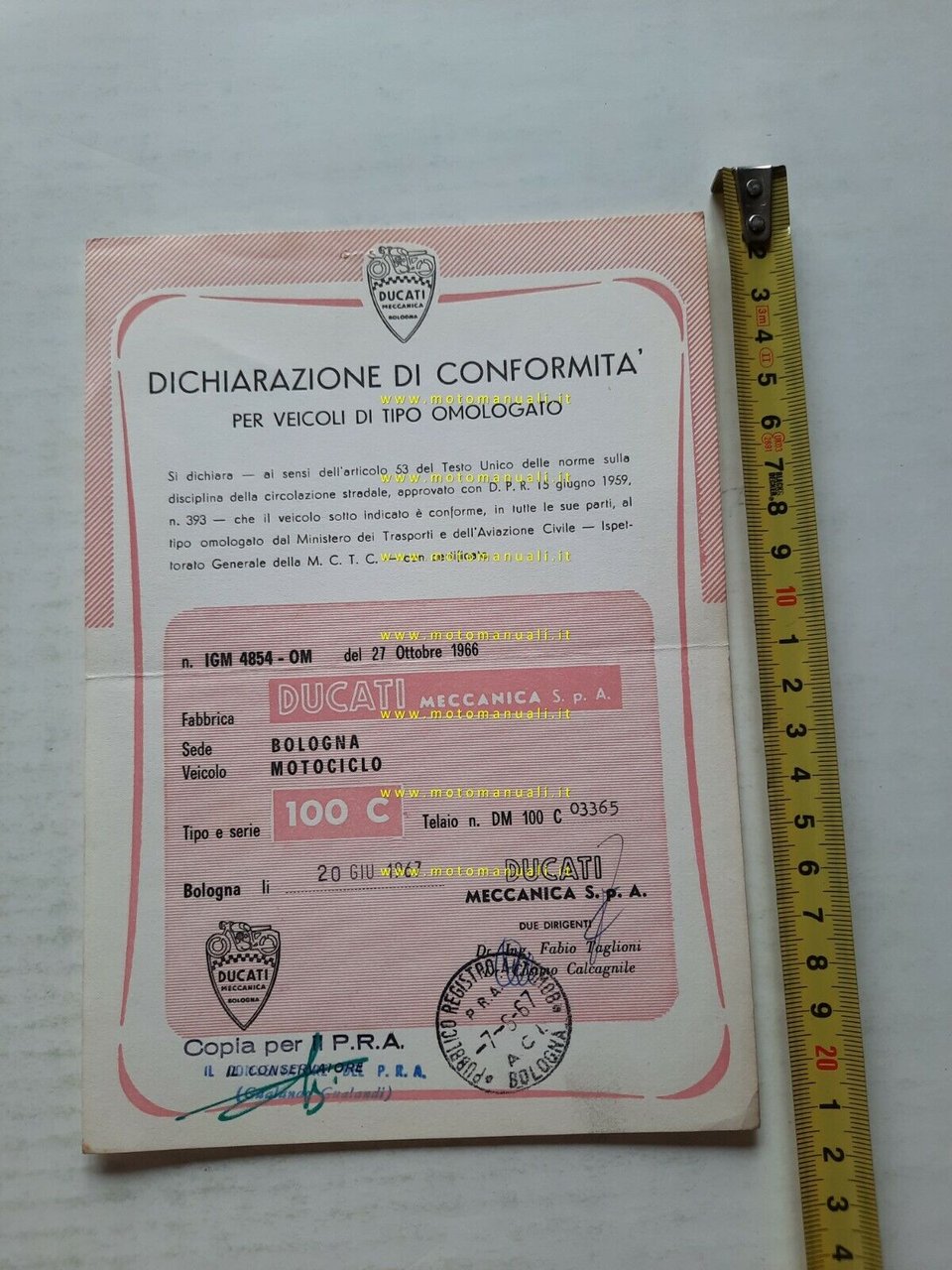 DUCATI Dichiarazione Conformità con Firma Autografa originale Ing. Taglioni 1967