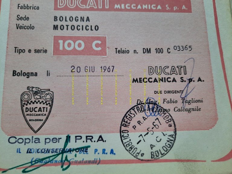 DUCATI Dichiarazione Conformità con Firma Autografa originale Ing. Taglioni 1967