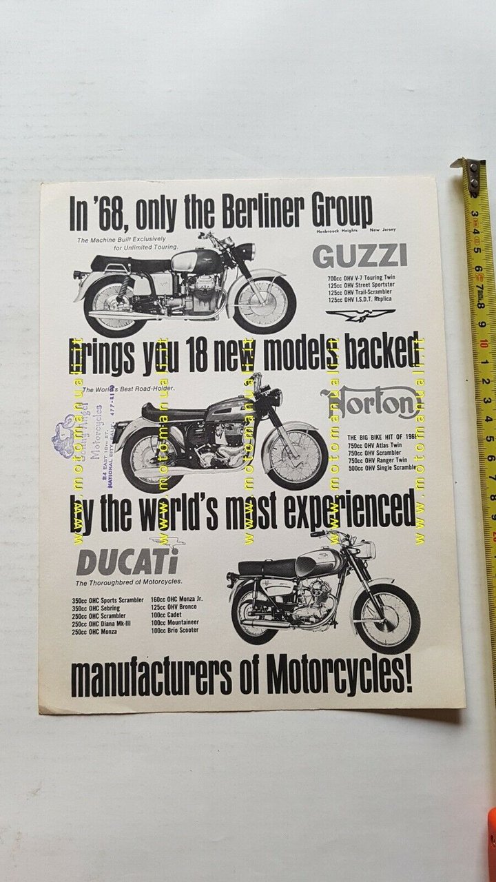 Ducati Guzzi Norton Berliner 1968 depliant originale USA moto brochure