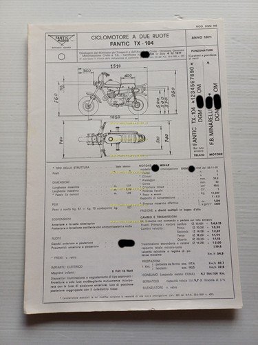 Fantic 50 Diablo Cross TX 104 1971 Facsimile originale scheda …