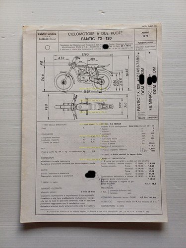 Fantic 50 Turismo Intern.TX 120 1971 Facsimile originale scheda omologazione …