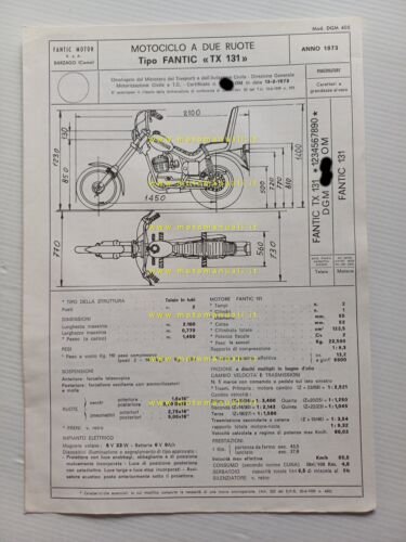 Fantic Motor Chopper 125 TX 131 1973 scheda omologazione DGM …