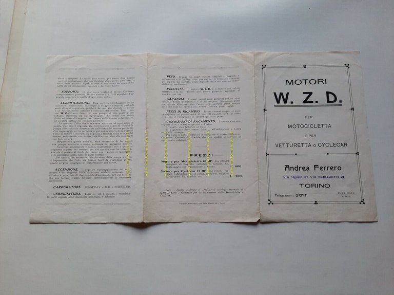 Ferrero motori W.Z.D. per motociclette anni 20 depliant ITALIANO originale