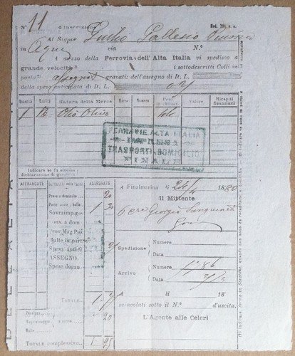 Ferrovie Alta Italia - 1880 - bolletta di spedizione - … | Immagine principale