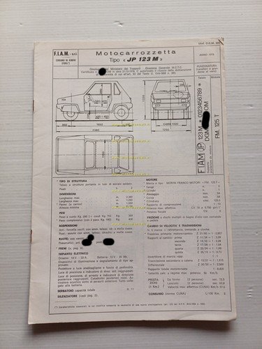 FIAM 125 JP 123 M microauto 1978 Facsimile originale scheda …