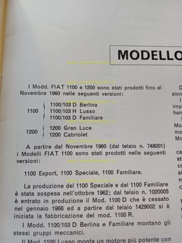 Fiat 1100 1970 manuale officina caratteristiche tecniche dati riparazione