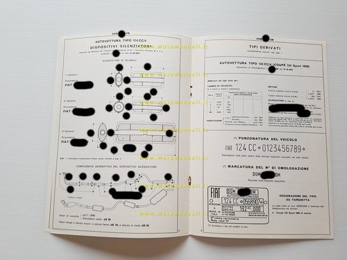 FIAT 124 Coupè Sport 1.6 1973 FACSIMILE scheda omologazione DGM …