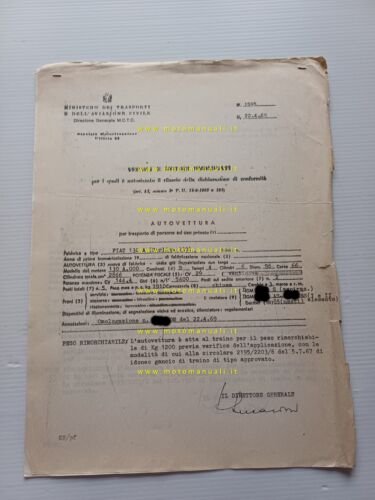 FIAT 130 1969 scheda omologazione DGM Motorizzazione Facsimile originale