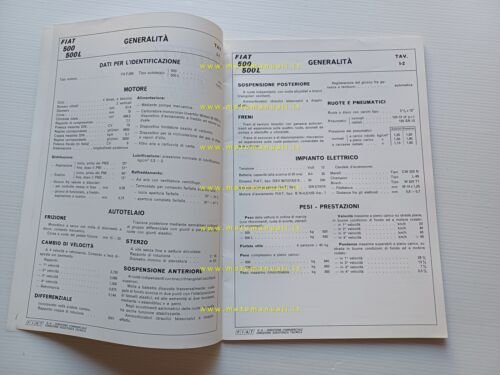 Fiat modelli 500 1972 manuale officina caratteristiche tecniche dati riparazione