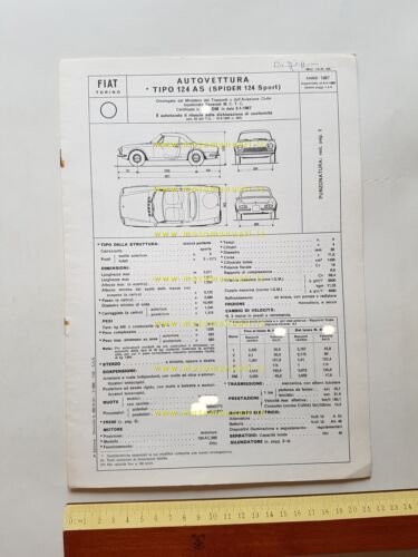 FIAT Spider 124 Sport 1.4 67-68 facsimile scheda omologazione DGM …
