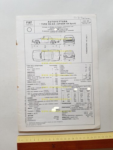 FIAT Spider 124 Sport 1.4 67-68 facsimile scheda omologazione DGM …