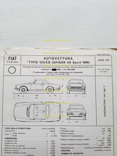 FIAT Spider 124 Sport 1.6 1972 scheda omologazione DGM originale …