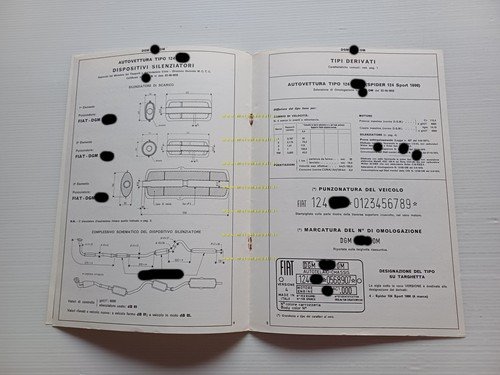 FIAT Spider 124 Sport 1.8 1973 scheda omologazione DGM originale …
