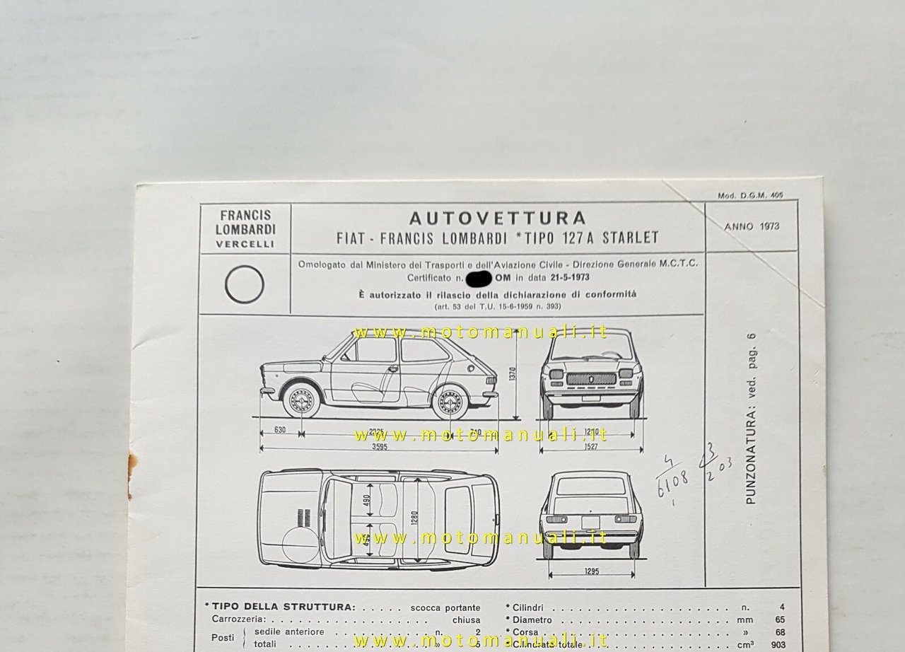 Francis Lombardi Fiat 127 A Starlet 1973 Scheda facsimile omologazione …