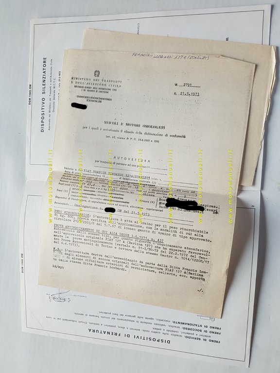 Francis Lombardi Fiat 127 A Starlet 1973 Scheda facsimile omologazione …