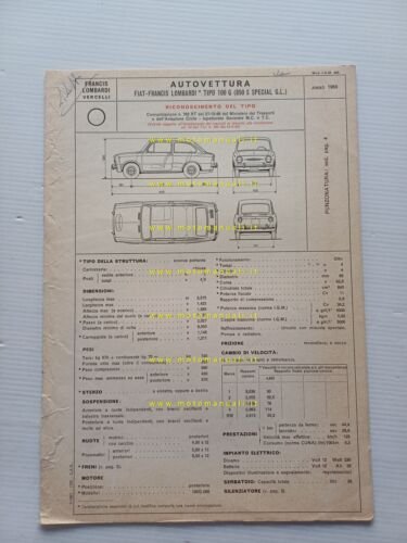Francis Lombardi Fiat 850 S GL 1966 scheda omologazione DGM …