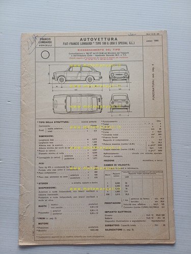 Francis Lombardi Fiat 850 S GL 1966 scheda omologazione DGM …