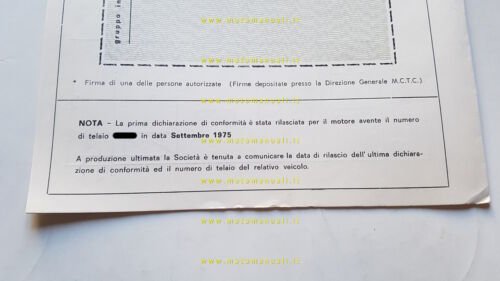 Garelli 50 Eureka Flex 1975 scheda omologazione DGM Facsimile originale